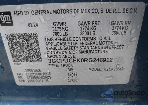 2024 Chevrolet Silverado 1500 4Wd Short Bed Custom Trail Boss from USA, damaged, VIN 3GCPDCEK0RG246912